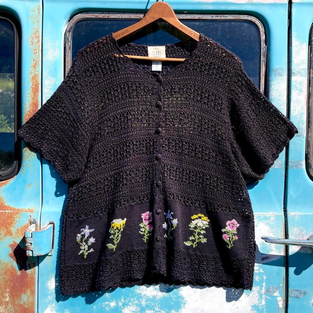 90s teddi black ramie rayon crochet button up short sleeve cardigan
